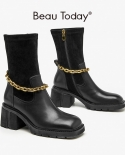 Beautoday High Heel Boots Women Cow Leather Ankle Stretch Boots Side Zipper Square Toe Metal Chain Ladies Thick Heel Sho