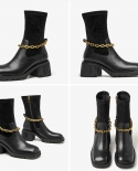 Beautoday High Heel Boots Women Cow Leather Ankle Stretch Boots Side Zipper Square Toe Metal Chain Ladies Thick Heel Sho