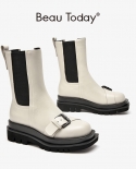 Beautoday Ankle Boots Platform Women Cow Leather Chelsea Round Toe Buckle Strap Decor Slip On Street Style Ladies Shoes 