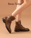 Beautoday Women Boots Genuine Cow Leather Ankle Length Retro Style Buckle Design Ladies Boots With Side Zipper Handmade 
