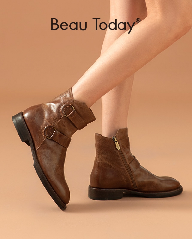 Beautoday, botas para mujer, cuero de vaca genuino, hasta el tobillo, diseño de hebilla de estilo Retro, botas para mujer con cr