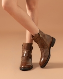 Beautoday Women Boots Genuine Cow Leather Ankle Length Retro Style Buckle Design Ladies Boots With Side Zipper Handmade 