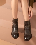 Beautoday, botas para mujer, cuero de vaca genuino, hasta el tobillo, diseño de hebilla de estilo Retro, botas para mujer con cr