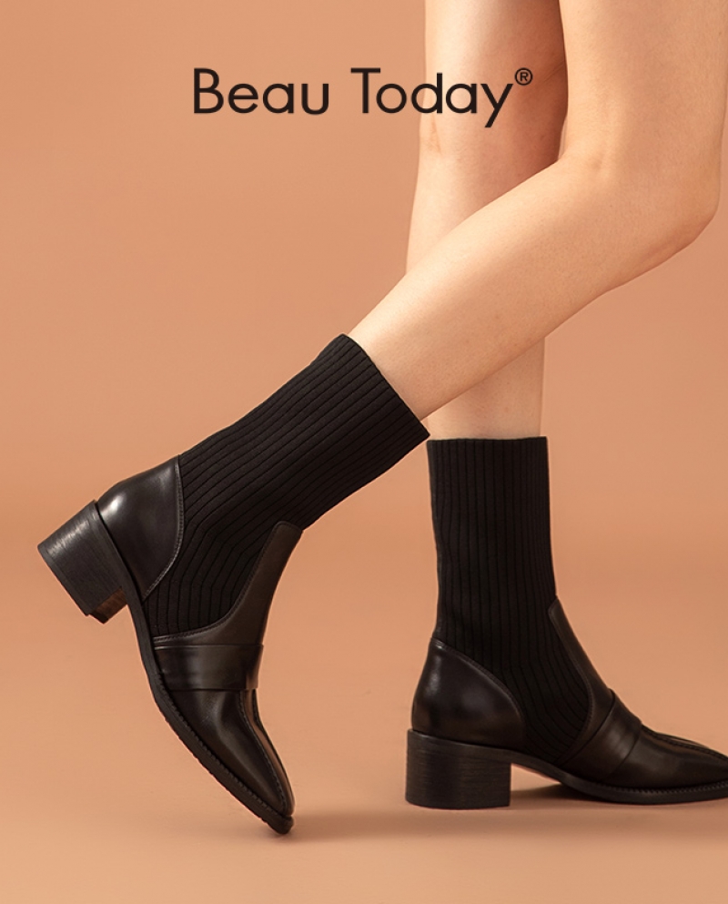 167,90 US$-Beautoday, para mujer, zapatos de tela elástica, piel de cuadrada, retales, calcetín Retro para mujer, bo-Description