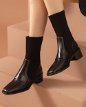 Beautoday Ankle Boots Women Stretch Fabric Shoes Calfskin Square Toe Patchwork Slip On Retro Ladies Sock Boots Handmade 