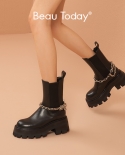 Beautoday Ankle Boots Chelsea Women Calfskin Leather Platform Sole Metal Chain Elastic Band Female Chunky Shoes Handmade