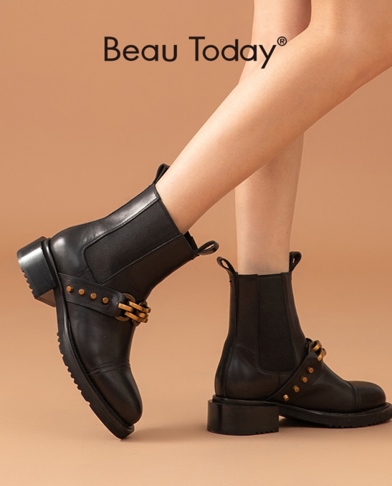 Beautoday Chelsea Boots Women Calfskin Leather Metal Chain Rivet Decor Elastic Band Ankle Length Female Shoes Handmade 0