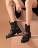 Beautoday Chelsea Boots Women Calfskin Leather Metal Chain Rivet Decor Elastic Band Ankle Length Female Shoes Handmade 0