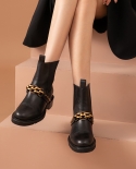 Beautoday Chelsea botas mujer piel de becerro Metal cadena remache decoración banda elástica hasta el tobillo zapatos femeninos 