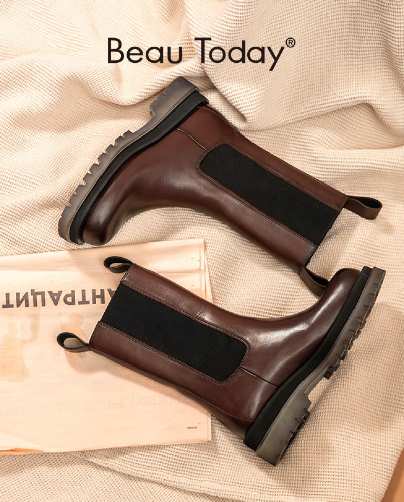 Beautoday Platform Chelsea Boots Women Calfskin Leather Midcalf Round Toe Transparent Sole Fashion Ladies Shoes Handmade
