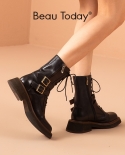 Beautoday Motorcycle Boots Women Cow Leather Ankle Boots Square Toe Zipper Double Buckles Decor Ladies Punk Shoes 03222 
