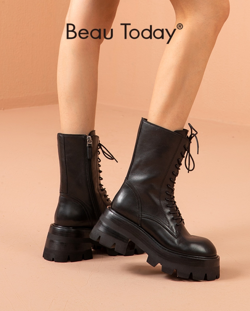 Beautoday Platform Boots Women Calfskin Leather Ankle Boots Round Toe Side Zip Cross Tied Knight Shoes Handmade 02513mid