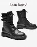 Beautoday Motorcycle Boots Women Cow Leather Zipper Closure Buckle Decoration Lace Up Ladies Ankle Winter Boots Handmade