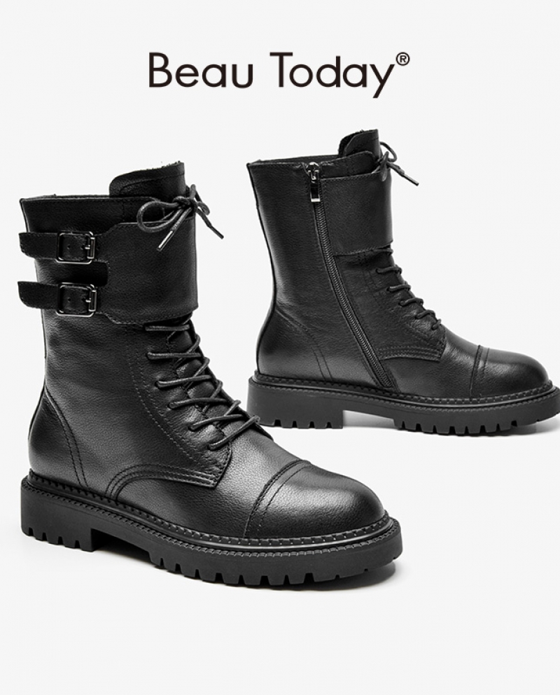 Beautoday Motorcycle Boots Women Cow Leather Zipper Closure Buckle Decoration Lace Up Ladies Ankle Winter Boots Handmade