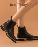 Beautoday Chelsea Boots Mujer Piel de becerro Cuero genuino Punta redonda Banda elástica Señoras Tobillo Brogues Botas hechas a 