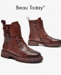 Beautoday Brogue Ankle Boots Women Genuine Cow Leather Side Zip Buckle Decoration Round Toe Fashion Female Shoes Handmad