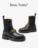 Beautoday Ankle Boots Platform Women Cow Leather Chelsea Metal Chain Decor Elastic Band Female Thick Sole Shoes Handmade