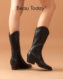 Beautoday, botas occidentales para mujer, cuero de vaca, media pantorrilla, cremallera lateral, punta estrecha, moda de otoño, z