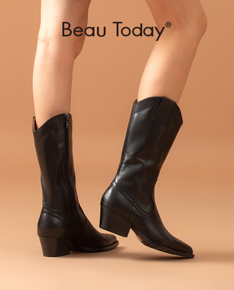 Beautoday, botas occidentales para mujer, cuero de vaca, media pantorrilla, cremallera lateral, punta estrecha, moda de otoño, z