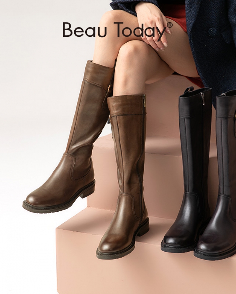 Beautoday Knee High Boots Women Cow Leather Long Booties Side Zip Metal Buckle Round Toe Fashion Female Shoes Handmade 0