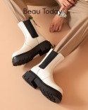 Beautoday Platform Boots Chelsea Women Cow Leather Back Zip Elastic Band Ankle Booties Jagged Chunky Sole Ladies Shoes 0