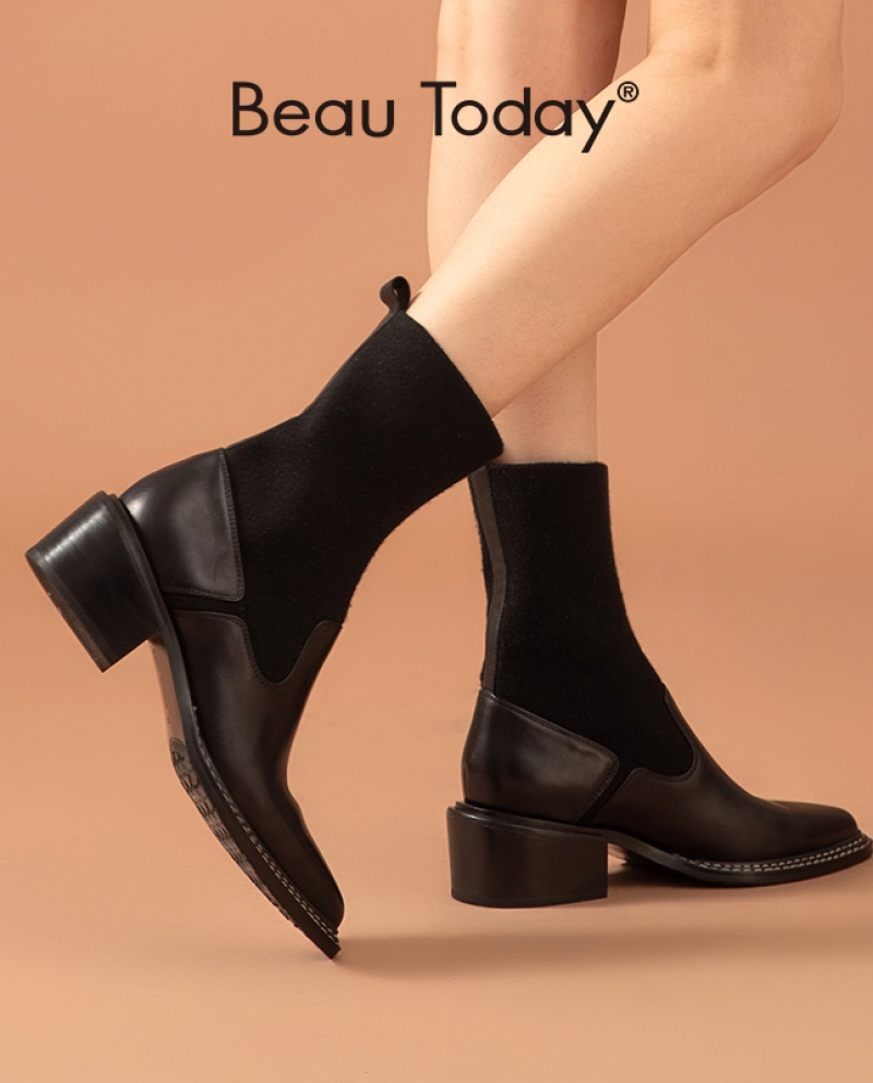 Beautoday Women Sock Boots Calfskin Leather Knit Fabric Ankle Length Pointed Toe Shoes Female High Heel Boots Handmade 0