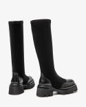 Beautoday Long Boots Women Genuine Calfskin Elastic Fabric Round Toe Patchwork Platform Female Flat Shoes Handmade 01579