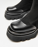 Beautoday Long Boots Women Genuine Calfskin Elastic Fabric Round Toe Patchwork Platform Female Flat Shoes Handmade 01579