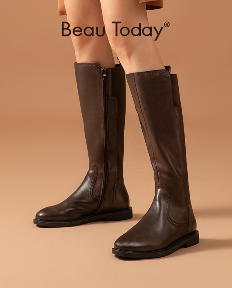 Beautoday, botas largas para mujer, cuero de vaca auténtico, banda elástica, botas de caballero, cremallera lateral, punta redon
