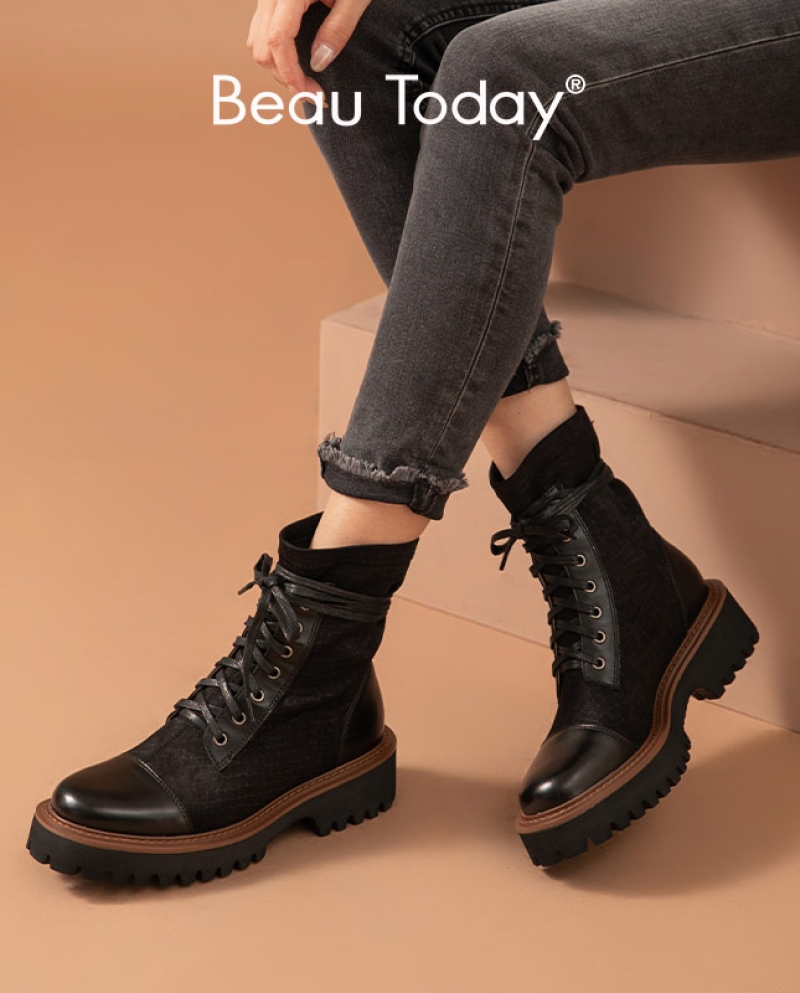 Beautoday Platform Ankle Boots Women Stretch Fabric Calfskin Leather Patchwork Laceup Ladies Thick Sole Shoes Handmade 0