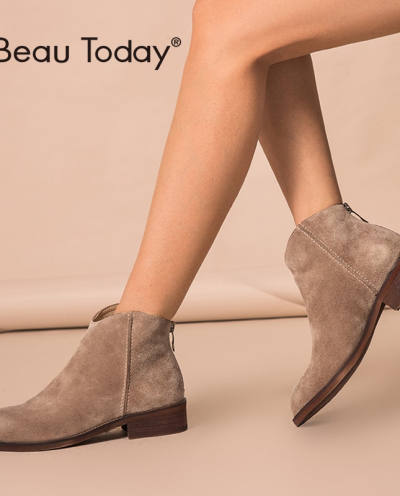 Beautoday الكاحل أحذية النساء أعلى جودة بقرة الجلد المدبوغ البريدي الخريف أزياء سيدة أحذية جلدية حقيقية كعب مسطح اليدوية 03274