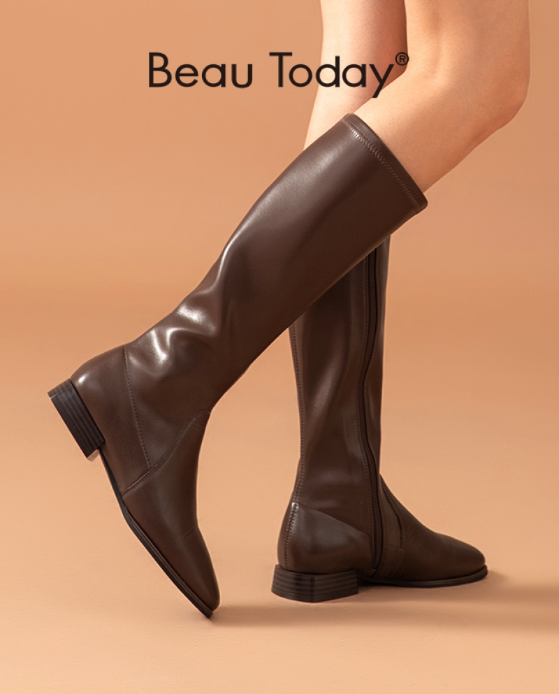Beautoday Knee Boots Women Cow Leather Square Toe Long Boots Side Zipper Ladies Flat Heel Shoes Handmade 01248  Womens 