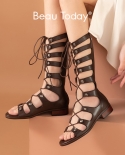 Beautoday Gladiator Boots Summer Women Cow Leather Midcalf Crosstied Metal Decoration Sandals Ladies Flat Shoes Handmade