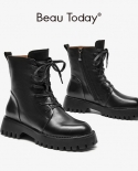 Beautoday Ankle Boots Platform Women Cow Leather Round Toe Side Zip Lace Up Closure Ladies Thick Sole Shoes Handmade 044