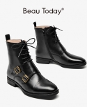 Beautoday Ankle Boots Monks Women Calfskin Leather Side Zipper Double Buckles Lace Up Retro Punk Ladies Shoes Handmade 0