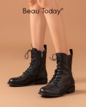 Beautoday Ankle Boots Women Genuine Cow Leather Waxing Round Toe Lace Up Zip Fashion Motorcycle Female Shoes Handmade 02