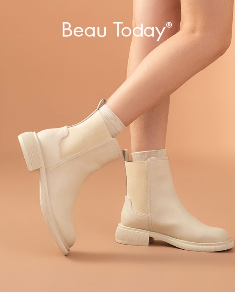 Beautoday Chelsea Boots Ankle Women Genuine Cow Leather Elastic Band Round Toe Sewing Leisure Female Shoes Handmade 0421