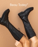 Beautoday Long Boots Women Pu Leather Round Toe Back Zipper Lace Up Decor Knee High Female Flat Shoes Handmade 01571knee