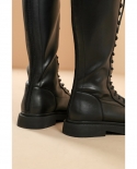 Beautoday Long Boots Women Pu Leather Round Toe Back Zipper Lace Up Decor Knee High Female Flat Shoes Handmade 01571knee