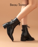 Beautoday Ankle Boots Women Calfskin Leather Square Toe Side Zipper Closure Metal Buckle Decor High Heel Ladies Shoes 03