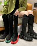 Winter New Platform Heels Women Boots Casual Knee High Chelsea Suede Women Shoes 2022 Square Heel Motorcycle Warm Zapati