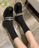Autumn New Chain Knitting Sock Women Shoes Mid Calf Chelsea Beaded Goth Stretch Fabric Boots Square Heel Platform Botas 