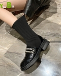 Autumn New Chain Knitting Sock Women Shoes Mid Calf Chelsea Beaded Goth Stretch Fabric Boots Square Heel Platform Botas 