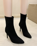 Womens Boots Autumn Winter Stretch Fabric Sock Mid Calf Boots  Ladies Thin High Heels Shoes Pointed Toe Female Pumps 20