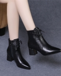 الشتاء الكاحل أحذية جلدية النساء الأحذية أزياء النساء أحذية العمل أسود مدبب تلميح الدانتيل يصل ومي