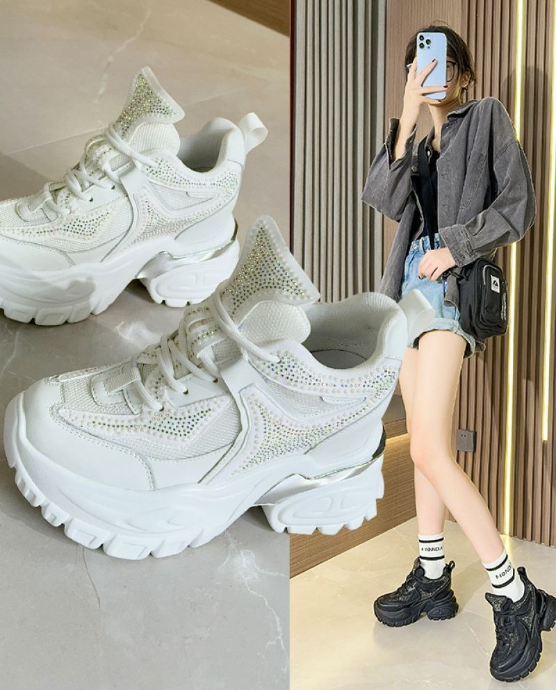 Zapatos deportivos casuales para mujer nuevos zapatos blancos pequeños con diamantes de imitación de fondo grueso