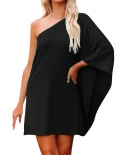 Women Casual Dresses Inclined Shoulder Cape Dress Mini Dress Color Block Loose Fashion Party  Dress Casual Dress With Be