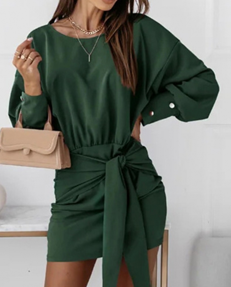 Winter Casual Knot Front Belt Solid Bodycon Dress Autumn Fashion Drop Shoulder Long Sleeves O Neck  Short Dresses For Wo