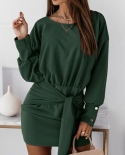 Winter Casual Knot Front Belt Solid Bodycon Dress Autumn Fashion Drop Shoulder Long Sleeves O Neck  Short Dresses For Wo