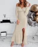 Women Fashion Sequined Party Maxi Dress  Off Shoulder Ruched Tight Dress Solid Party Robe Skinny Clubwear Dress Elegant